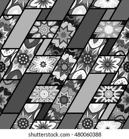 Seamless pattern. Vintage decorative elements. Hand drawn background. Patchwork mandala backdrop. Perfect for printing on fabric or paper. Black and white.