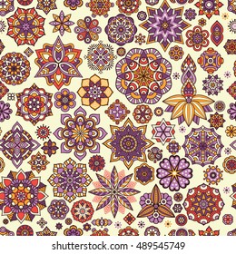 Seamless pattern. Vintage decorative elements. Hand drawn background. Islam, Arabic, Indian, ottoman motifs. Perfect for printing on fabric or paper.