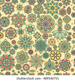 Seamless pattern. Vintage decorative elements. Hand drawn background. Islam, Arabic, Indian, ottoman motifs. Perfect for printing on fabric or paper.