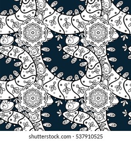 Seamless pattern. Vintage decorative elements. Hand drawn background. Islam, Arabic, Indian, ottoman motifs. Dark background. Dark blue.