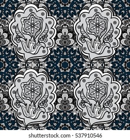 Seamless pattern. Vintage decorative elements. Hand drawn background. Islam, Arabic, Indian, ottoman motifs. Dark background. Dark blue.
