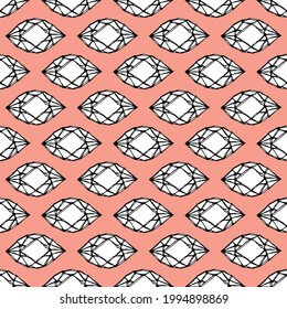 Geometría de diamantes de época de patrón sin brillo boceto doodles, ornamentación textil clásicos cristales dibujados a mano, línea blanca negra sobre coral rosa de color negro. Se puede usar para envolver, telas y papel tapizado. Vector