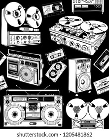 Seamless pattern. Vintage different Recording equipment. Tape cassettes, boombox, radio, recorder, powered speaker. Textil, t-shirt composition, hand drawn style print. Vector illustration.