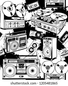 Seamless pattern. Vintage different Recording equipment. Tape cassettes, boombox, radio, recorder, powered speaker. Textil, t-shirt composition, hand drawn style print. Vector illustration.