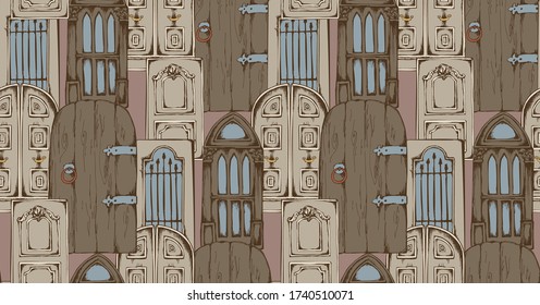 Seamless pattern of vintage doors. Suitable for fabric, mural, wrapping Seamless, pattern, paper and the like. Vector illustration