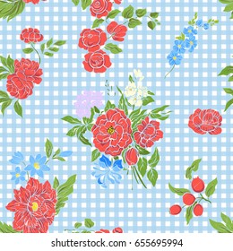 Seamless pattern with vintage embroidered flowers in vintage style on blue and white stripes background.
Stock line vector illustration.