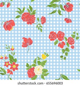 Seamless pattern with vintage embroidered flowers in vintage style on blue and white stripes background.Stock line vector illustration.