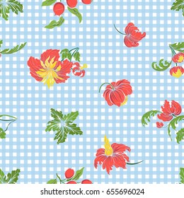 Seamless pattern with vintage embroidered flowers in vintage style on blue and white stripes background.
Stock line vector illustration.