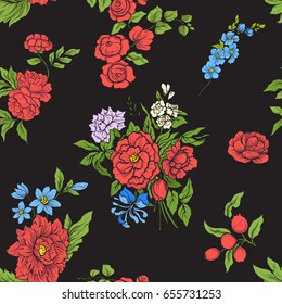 Seamless pattern with vintage embroidered flowers 