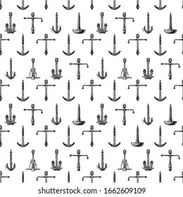 Seamless pattern in vintage engraved style with different realistic types of boat anchors. Admiralty, Porter - Trotman, Mushroom anchor, Hall and Danforth on illustration.