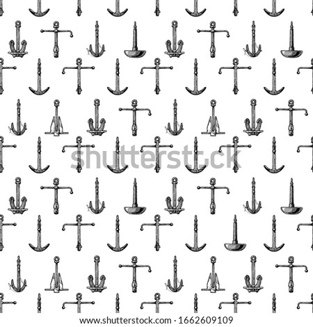 Seamless pattern in vintage engraved style with different realistic types of boat anchors. Admiralty, Porter - Trotman, Mushroom anchor, Hall and Danforth on illustration.