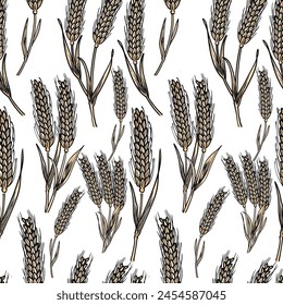 Seamless pattern of vintage engraving grains plant black white style. Vector illustration food products.