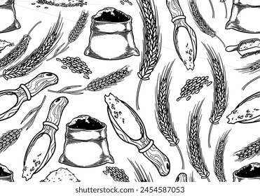 Seamless pattern of vintage engraving grains plant black white style. Vector illustration food products. Ready for wrapping and textile print.