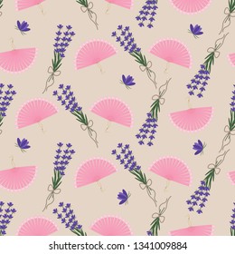 seamless pattern with vintage fan and lavender - vector illustration, eps