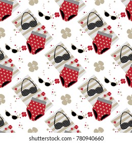 Seamless pattern Vintage fashion, vector illustration. Bikini, towel, exotic flowers, sunglasses. For the season of sales, shopping and modnoj vintage clothing and accessories