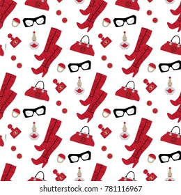 Seamless pattern Vintage fashion, vector illustration. Red bag, perfume, glasses and shoes. For the season of sales, shopping and vintage clothing and accessories