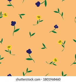 Seamless pattern with vintage floral. Cute blue and yellow flowers on an orange background. The print is suitable for Wallpaper.