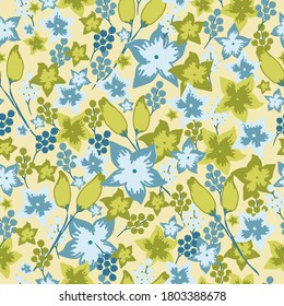 Seamless pattern with vintage floral. Mustard and blue flowers on a yellow background. The print is suitable for Wallpaper and textiles .