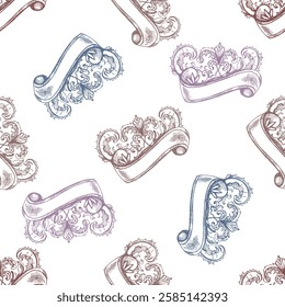 Seamless pattern of vintage floral ornament with scroll ribbon banner in pastel colors

