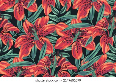 Seamless pattern, vintage floral print with red lily flowers, tropical leaves on a dark background. Old fashioned botanical surface design with exotic plants. Vector illustration.