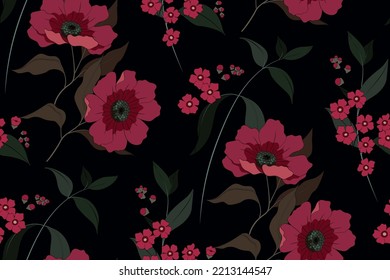 Seamless pattern, vintage floral print with elegant dark botanical arrangement. Beautiful floral design with hand drawn wild plants: large burgundy flowers, leaves, stem on a black background. Vector. Immagine vettoriale stock