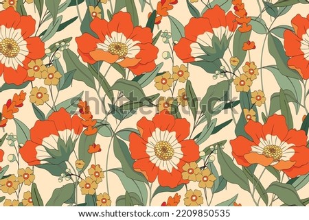 Seamless pattern, vintage floral print with decorative botanical arrangement. Romantic botanical background with hand drawn plants, large wild flowers, leaves, herbs. Vector illustration.