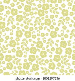 Patrón sin foco con floral vintage. Pequeñas flores amarillas adornadas con un fondo blanco. La impresión de moda es adecuada para fondos de escritorio.