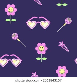 Seamless pattern with vintage flower and heart shaped sunglasses in style of 90s. Multicolored elements on dark background. Retro illustration with outline in 90s style. Vector illustration.