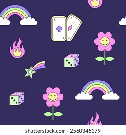 Seamless pattern with vintage flower and rainbow in style of 90s. Multicolored elements on dark background. Retro illustration with outline in 90s style. Vector illustration.