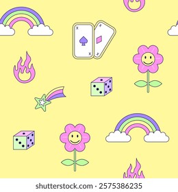 Seamless pattern with vintage flower and rainbow in style of 90s. Multicolored elements on yellow background. Retro illustration with outline in 90s style. Vector illustration.