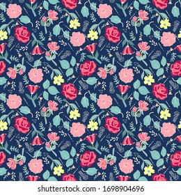 Seamless pattern with vintage flowers. Beautiful botanical background with flowers and herbs on dark blue backdrop.