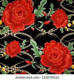 Seamless pattern with vintage flowers and a pattern of chains.