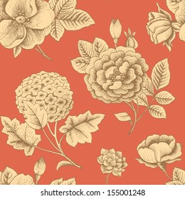 Seamless pattern with vintage flowers. Garden roses, hydrangea and dog-rose flower on a red background. Vector illustration.
