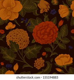 Seamless pattern with vintage flowers. Garden roses, hydrangea and dog-rose flower on a brown background. Vector illustration.