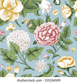 Seamless pattern with vintage flowers. Garden roses, hydrangea and dog-rose flower on a blue background. Vector illustration.