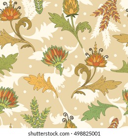 Seamless pattern with vintage flowers. Hand drawn. Vector illustration