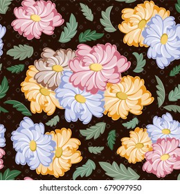 Seamless pattern with vintage flowers and leaves on a dark background. Multicolor bouquet vector illustration.