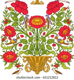 Seamless pattern with vintage flowers in medieval style on white background. Stock line vector illustration.