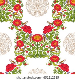 Seamless pattern with vintage flowers in medieval style on white background.
Stock line vector illustration.