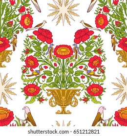 Seamless pattern with vintage flowers in medieval style on white background.Stock line vector illustration.