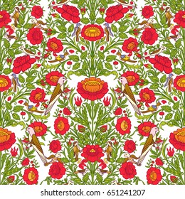 Seamless pattern with vintage flowers in medieval style on white background.
Stock line vector illustration.