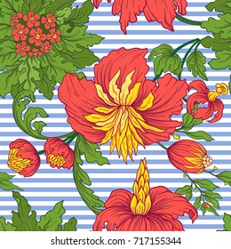 Seamless pattern with vintage flowers in medieval style on blue 
