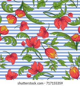 Seamless pattern with vintage flowers in medieval style on blue 