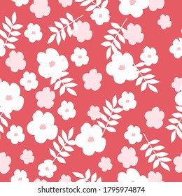Patrón sin foco con flores vintage. Fondo rojo, flores rosas y blancas, hojas. La impresión es adecuada para el fondo de escritorio.
