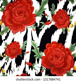 Seamless pattern with vintage flowers and stripes of tiger, zebra.