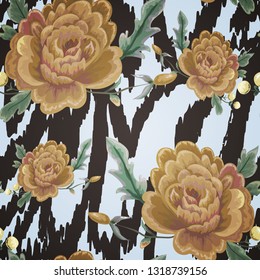 Seamless pattern with vintage flowers and stripes of tiger, zebra.