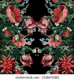 Seamless pattern with vintage flowers such as tulip, poppies and chamomiles. Classical vector wallpaper