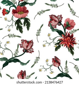 Seamless pattern with vintage flowers such as tulip, poppies and chamomiles. Classical vector wallpaper