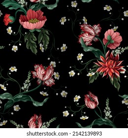 Seamless pattern with vintage flowers such as tulip, poppies and chamomiles. Classical vector wallpaper