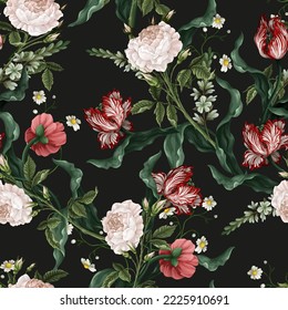 Seamless pattern with vintage flowers, such as roses, tulips. Vector